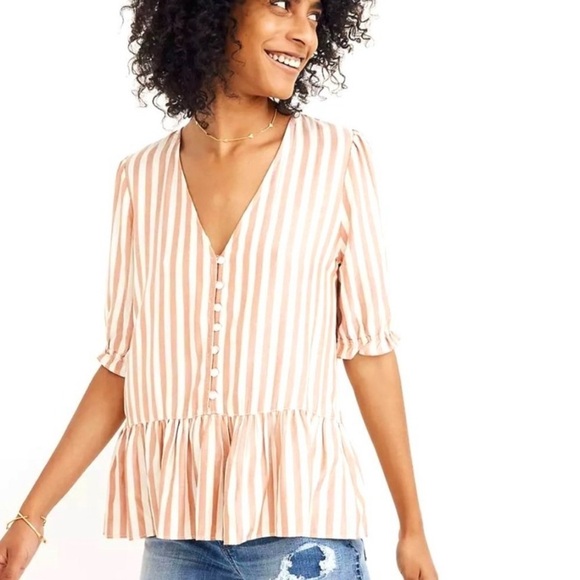 NWT Madewell Courtyard Ruffle Hem Peplum Striped Top Blush Size S - Picture 2 of 7